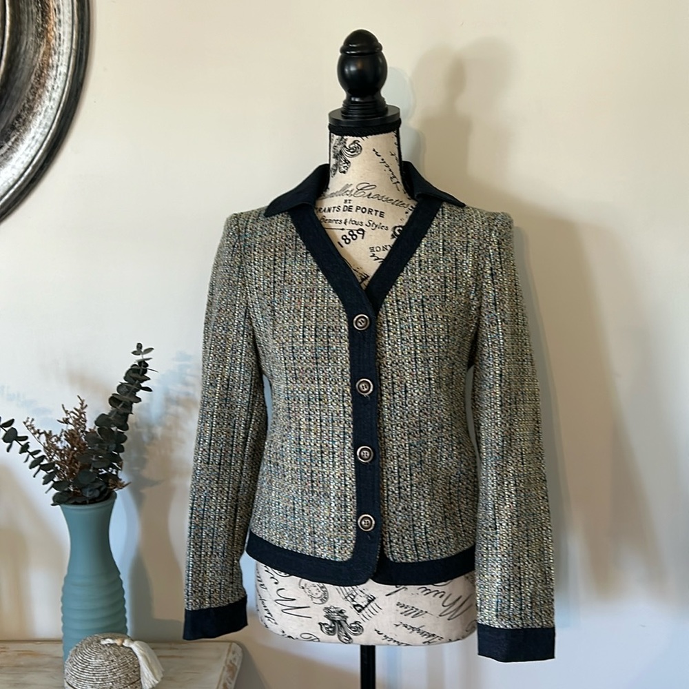 Vintage Petite Sophisicate Tweed & Denim Button Up Blazer Jacket Women's size 4